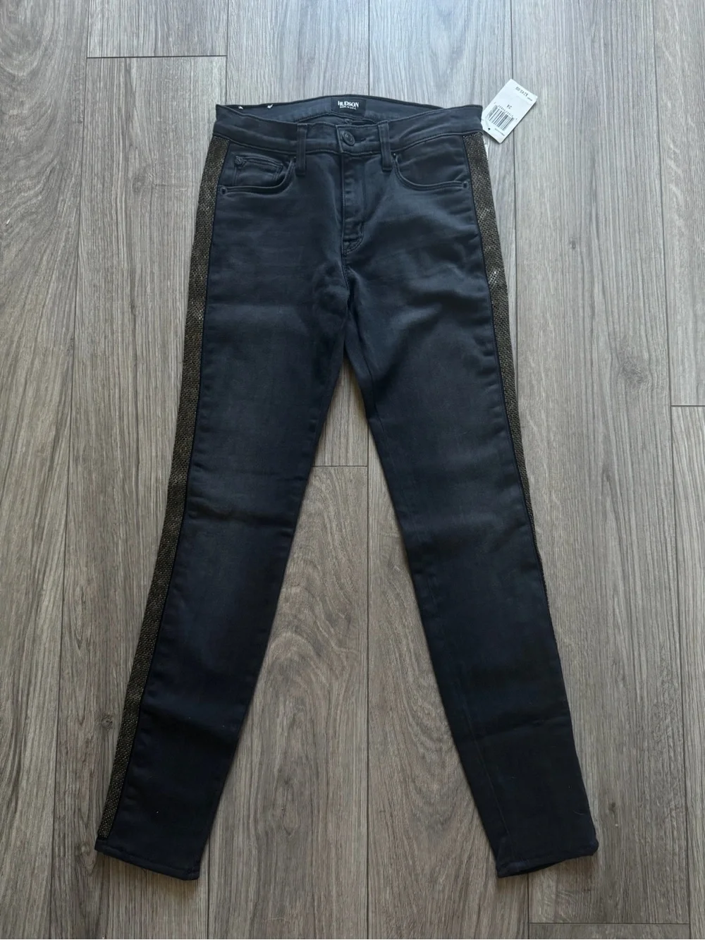 Hudson Luna‎ Midrise Ankle Skinny Jeans Black Beaded Side Stripe Womens 24 NWT